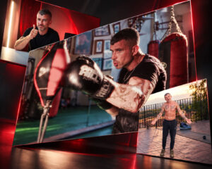 Composizione di fotogrammi REDI+ Fitness con Giovanni Redi al sacco da boxe, in studio e durante un allenamento in terrazza.