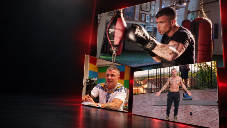 Fotogrammi dei video REDI+ Fitness con Giovanni Redi tra boxe, allenamento all’aperto e intervista radiofonica.