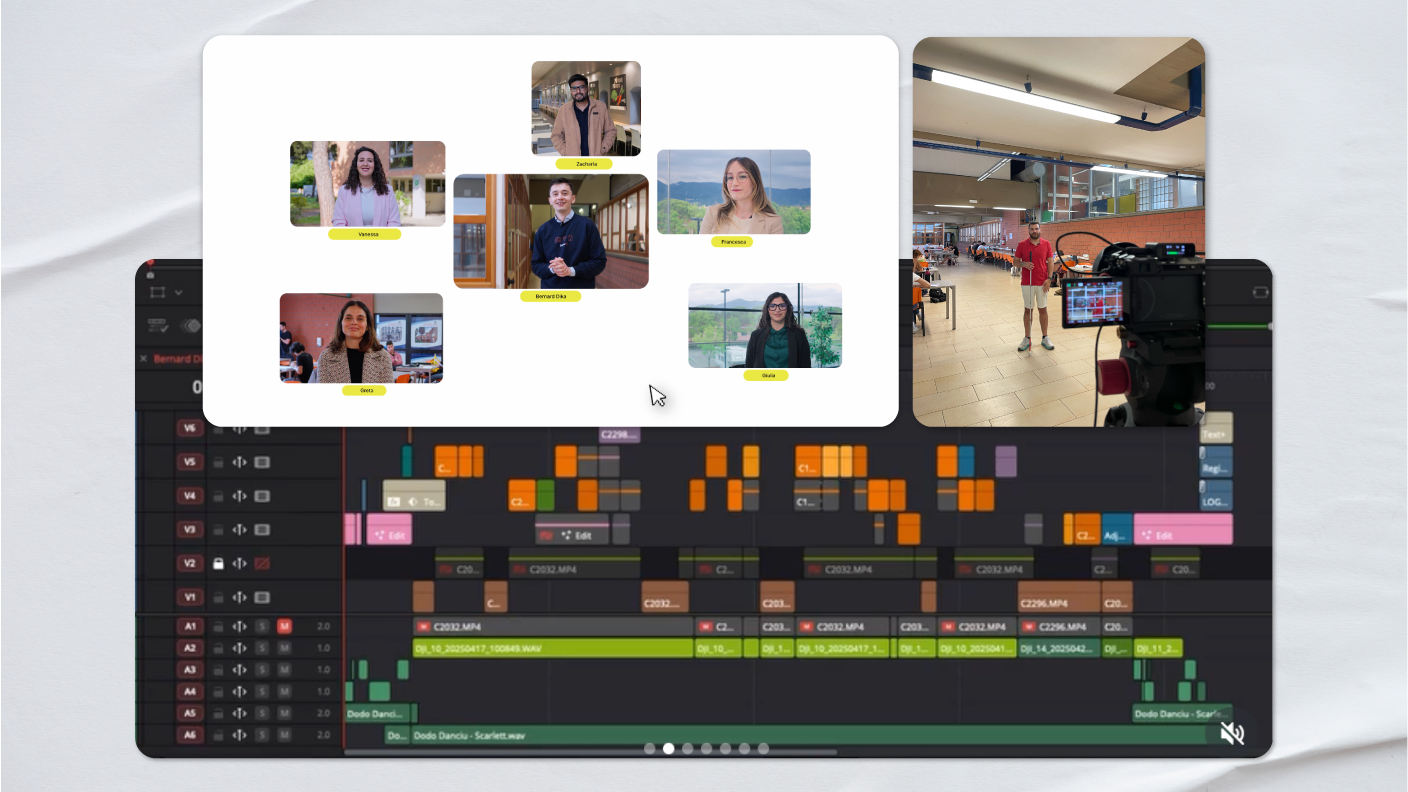 Timeline di DaVinci Resolve, ritratti degli studenti e camera sul set della campagna DSU Toscana
