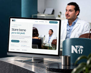 Marchio di Nicola Taddei e mockup della homepage nei colori petrolio e bianco del brand.