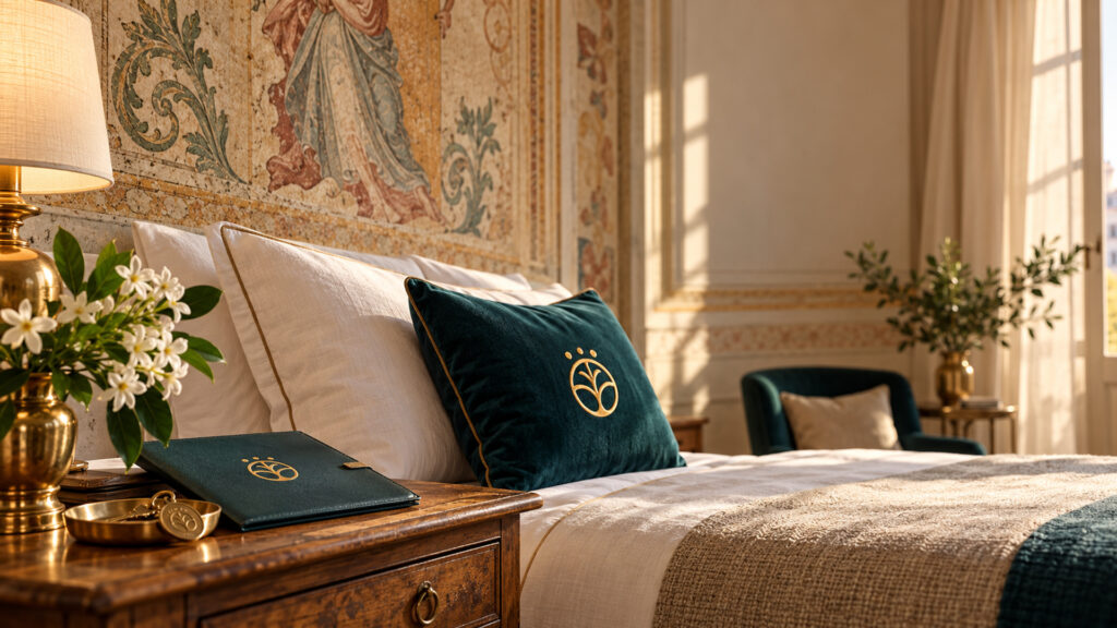 Mockup di una suite Palazzo della Bianca con affresco, cuscino verde petrolio e welcome folio coordinato