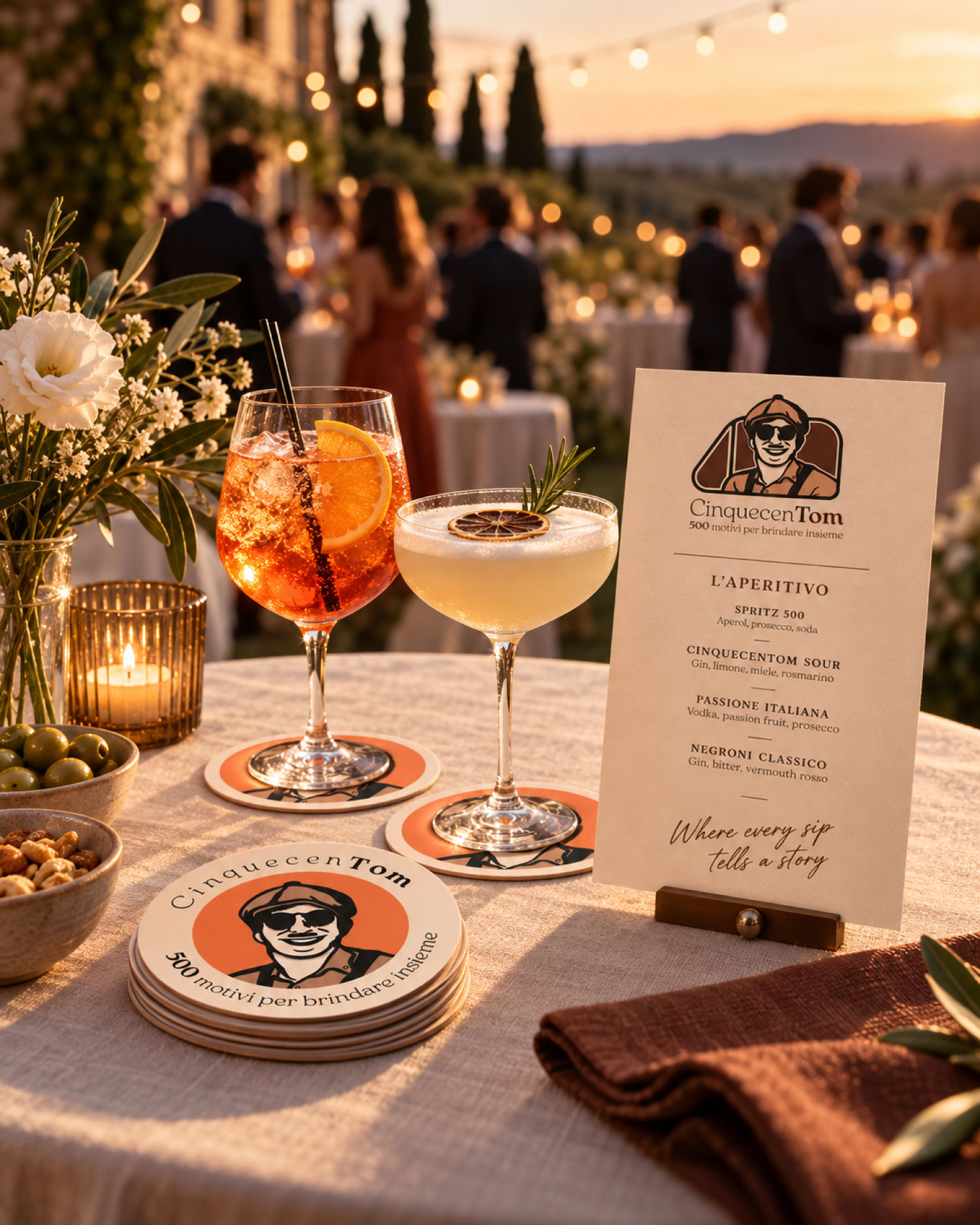 Menu cocktail CinquecenTom con Fiat 500 durante un evento al tramonto