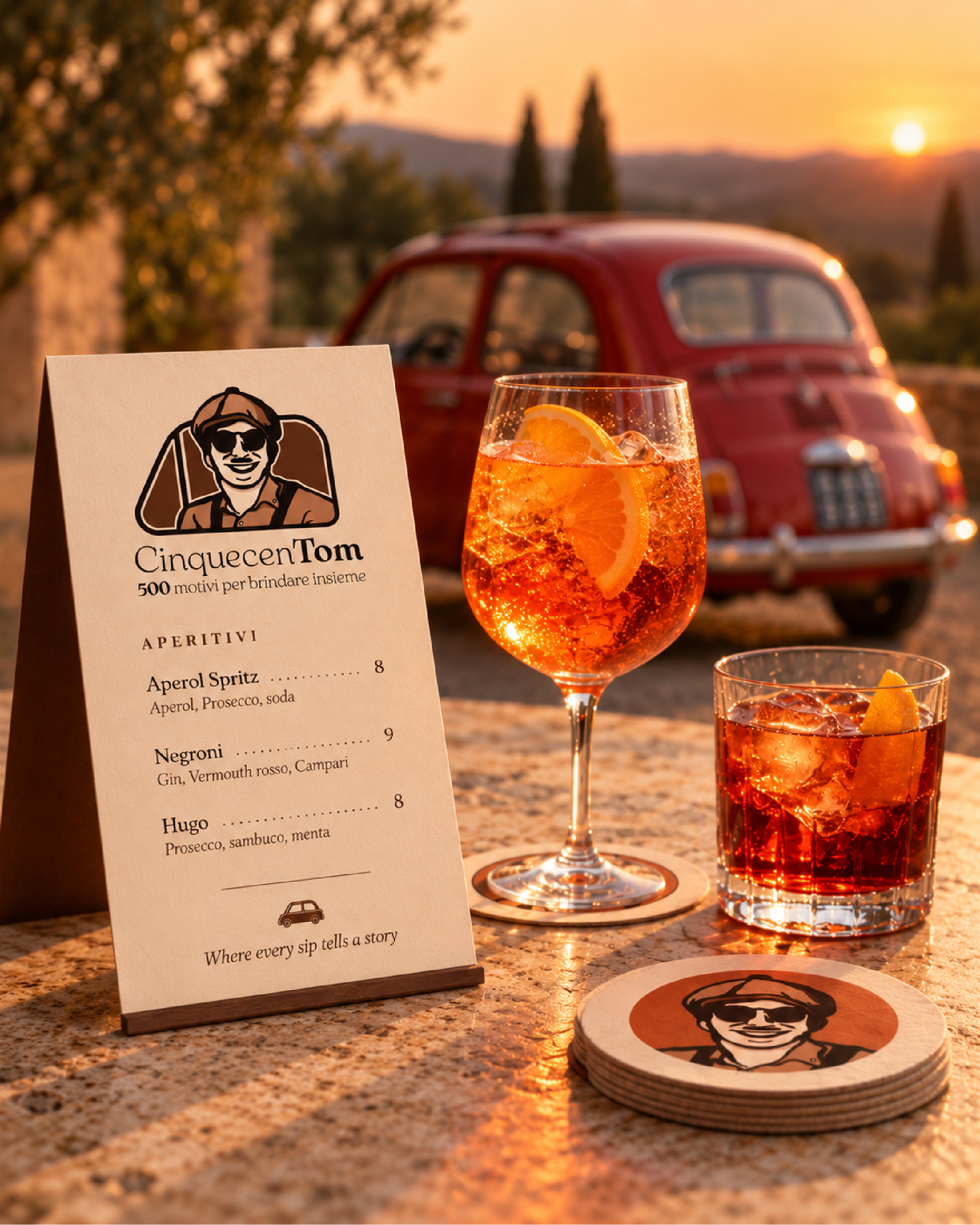 CinquecenTom durante un evento con cocktail, menu e Fiat 500