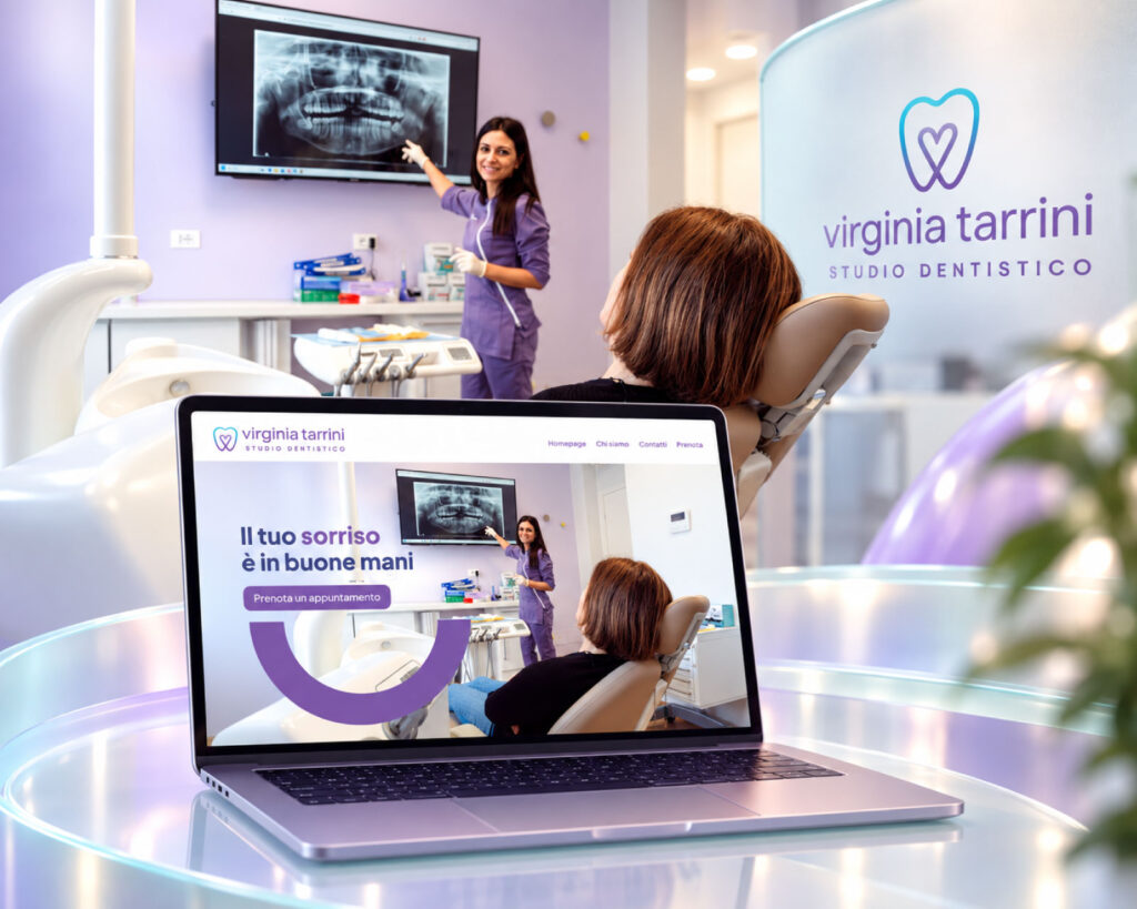 Sito Virginia Tarrini su laptop e fotografia dello studio dentistico, in un mockup lilla con vetro curvo