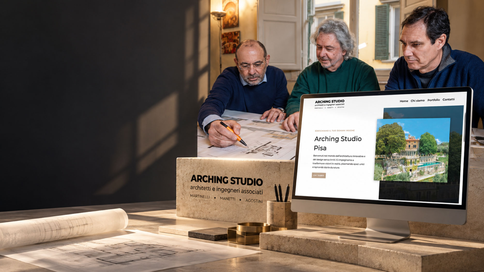 Visual del sito Arching Studio con navigazione e presentazione del portfolio