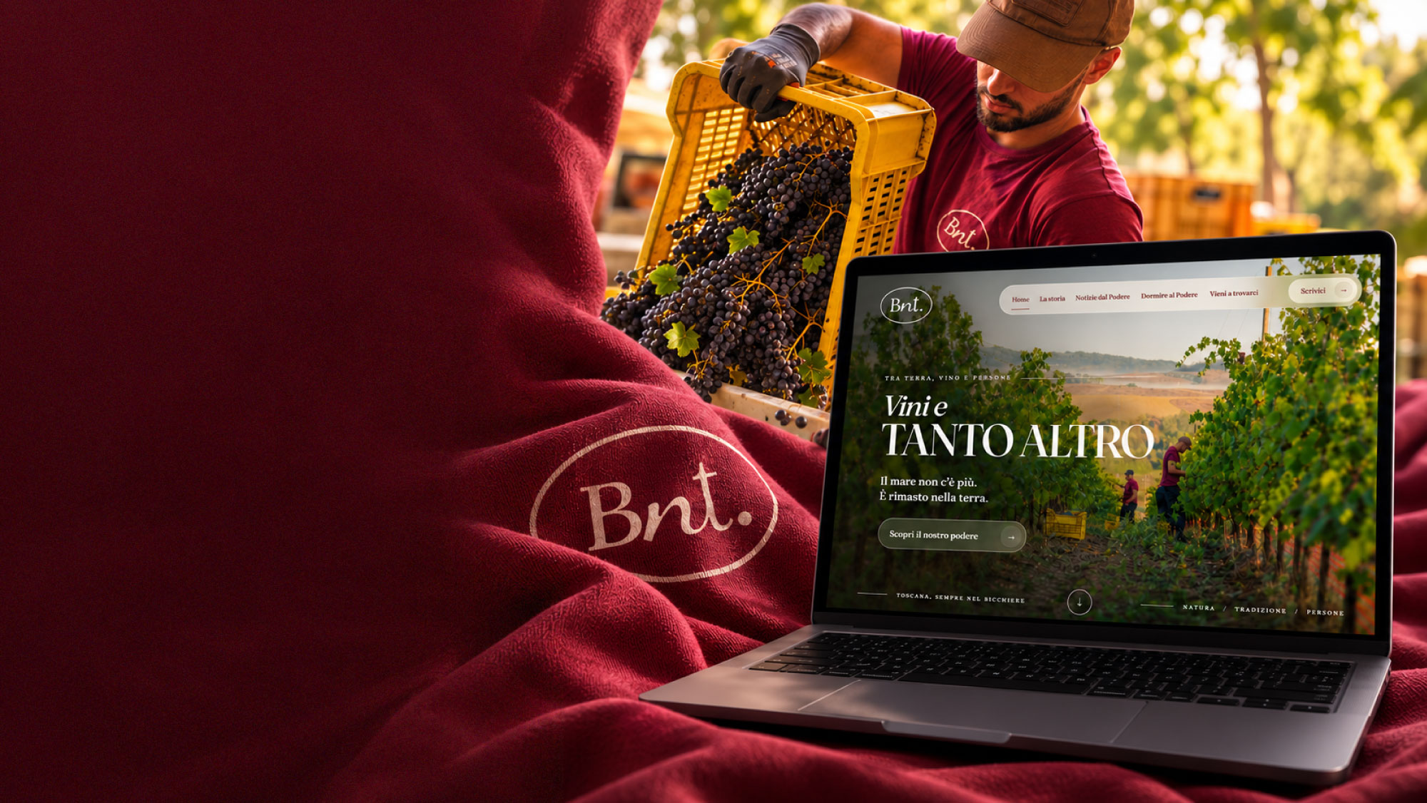 Identità BNT sul tessuto bordeaux, shooting della vendemmia e sito realizzato da OM Vision Studio
